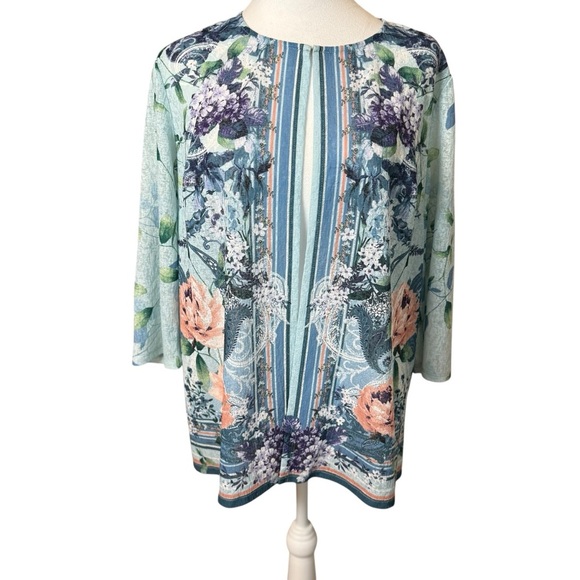 Easywear By Chicos 2 US L Semi Sheer 3/4 Sleeve Open Front Cardigan Floral Fairy - Picture 1 of 10
